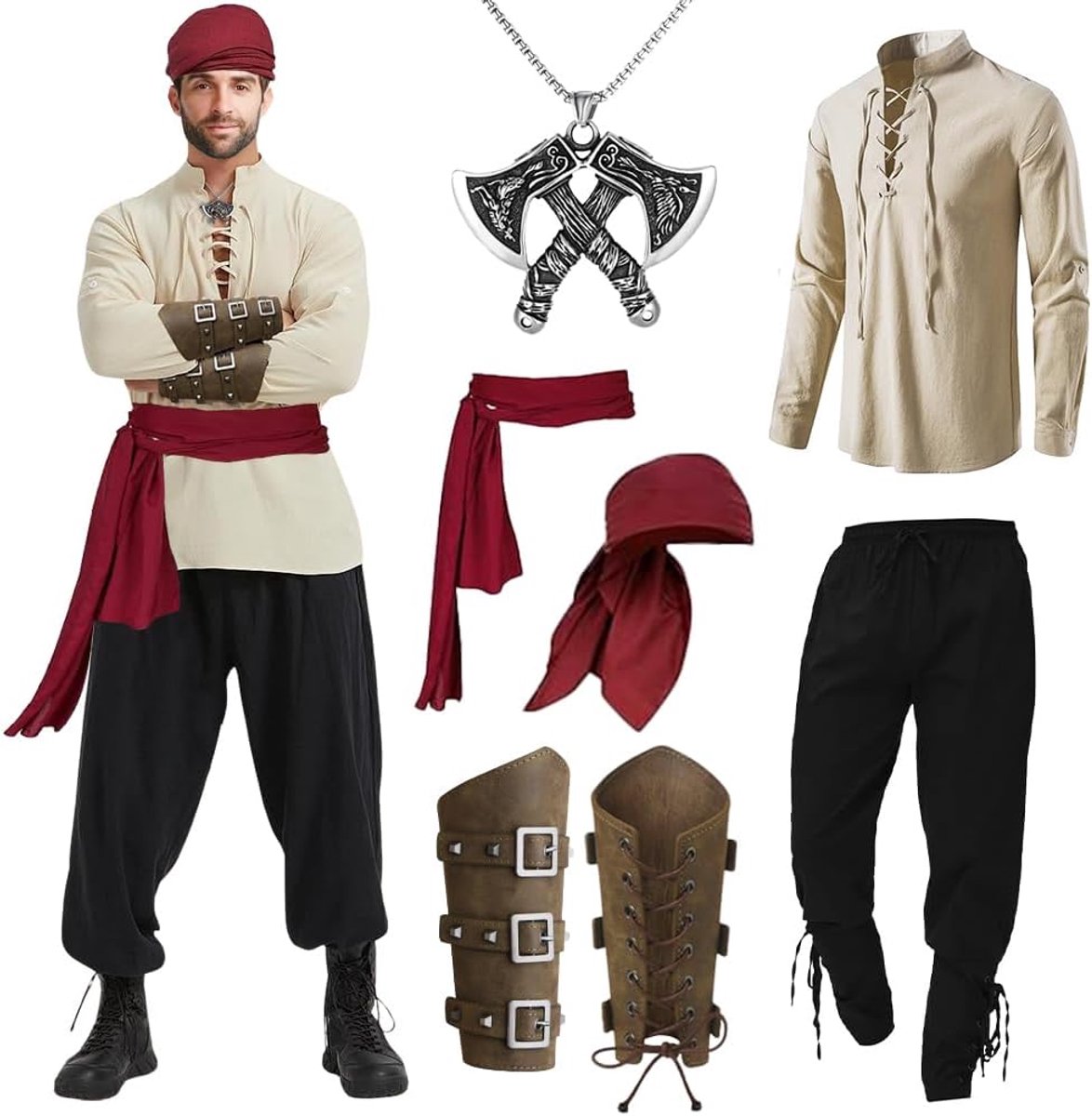 Heren 7-delig middeleeuwse kleding heren set, heren renaissance kostuum set met middeleeuwse broek heren middeleeuws hemd Viking piratenhoofddoek riem polsband bijl halsketting