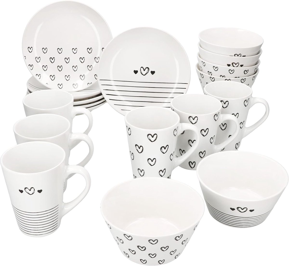 Cupid Ontbijtset, 18-delig, 6 x taartborden, 6 x mueslikommen van 450 ml en 6 x koffiebeker 350 ml, porseleinen servies, zwart-wit, met hart en strepen, decoratie, koffietijd