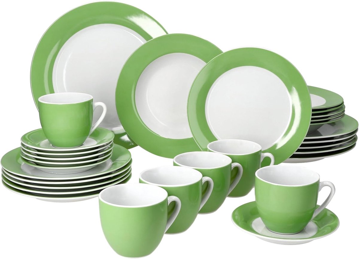 Variant 30-delig combiservies, porseleinen serviesset met groene rand, voor 6 personen, 6 x koffiekopjes van 200 ml, schoteltjes, taartborden, soepborden en platte borden