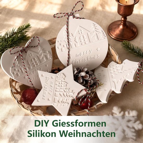 2 stuks siliconen vormen voor Kerstmis, gietvormen herfst, met dennenboom, ster, hart, gipsvormen om te gieten, kerstdecoratie hanger — afbeelding 3