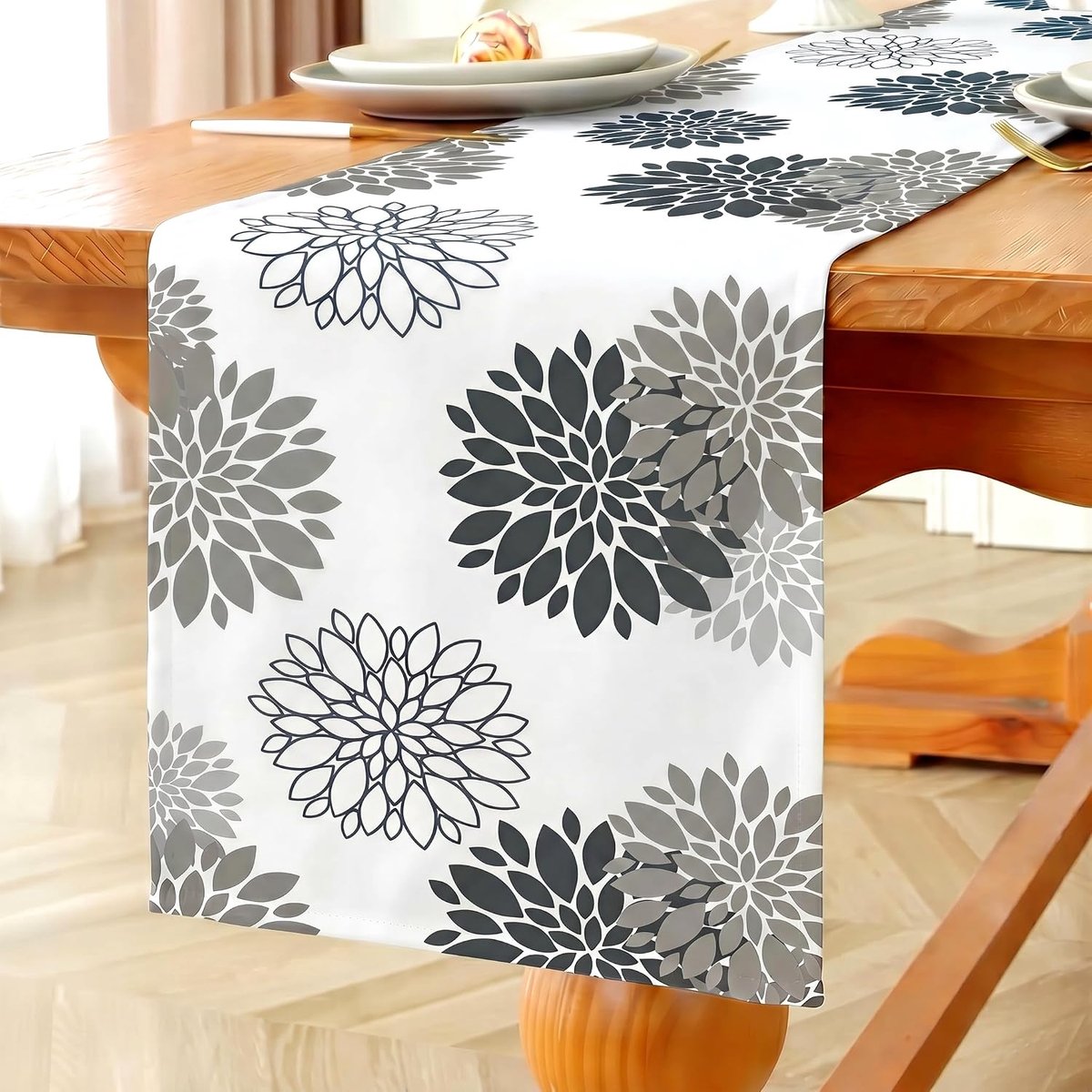 Tafelloper bloemen grijs dahlia's modern waterafstotend linnen decoratie tafelkleed outdoor zomer tuin voor bruiloft eetkamer feest vakantie decoratie 33 x 120 cm