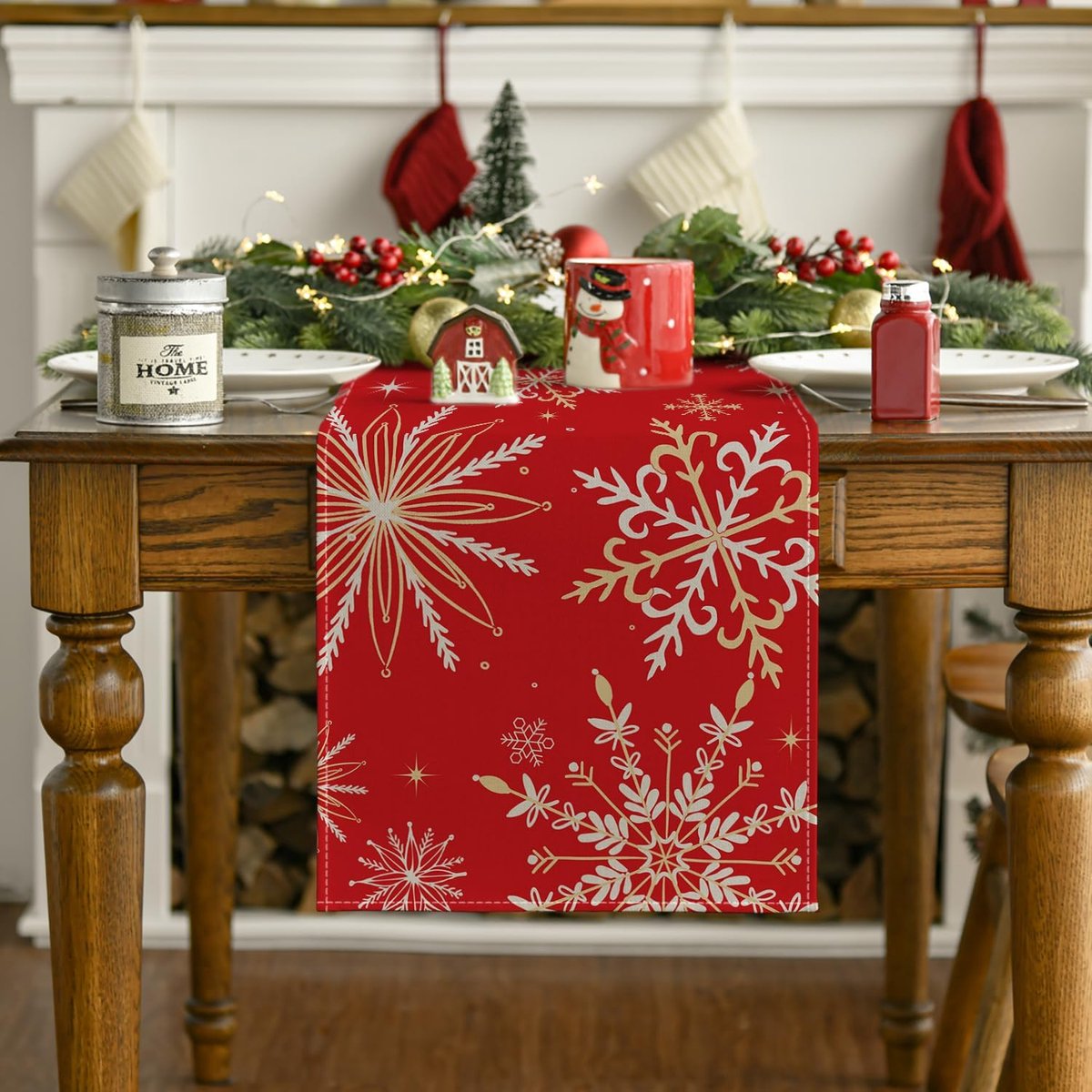 Dailygoods - Rood Goud Sneeuwvlokken Tafelloper 40x180 cm voor Kerstdecoratie