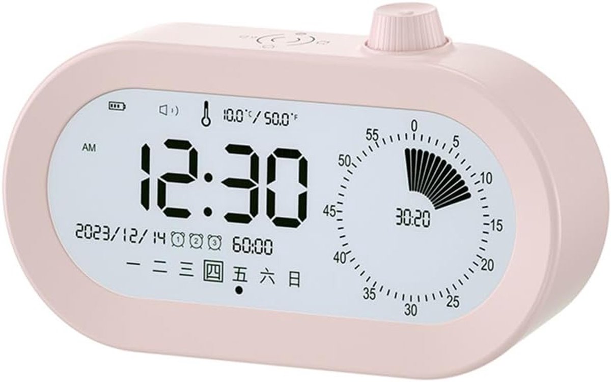 6-in-1 tijdwaarnemer LCD visuele timer met 3 alarmen, tijd-, datum- en temperatuurweergave – stijlvolle roze multifunctionele timer voor thuis, op kantoor en in de klas