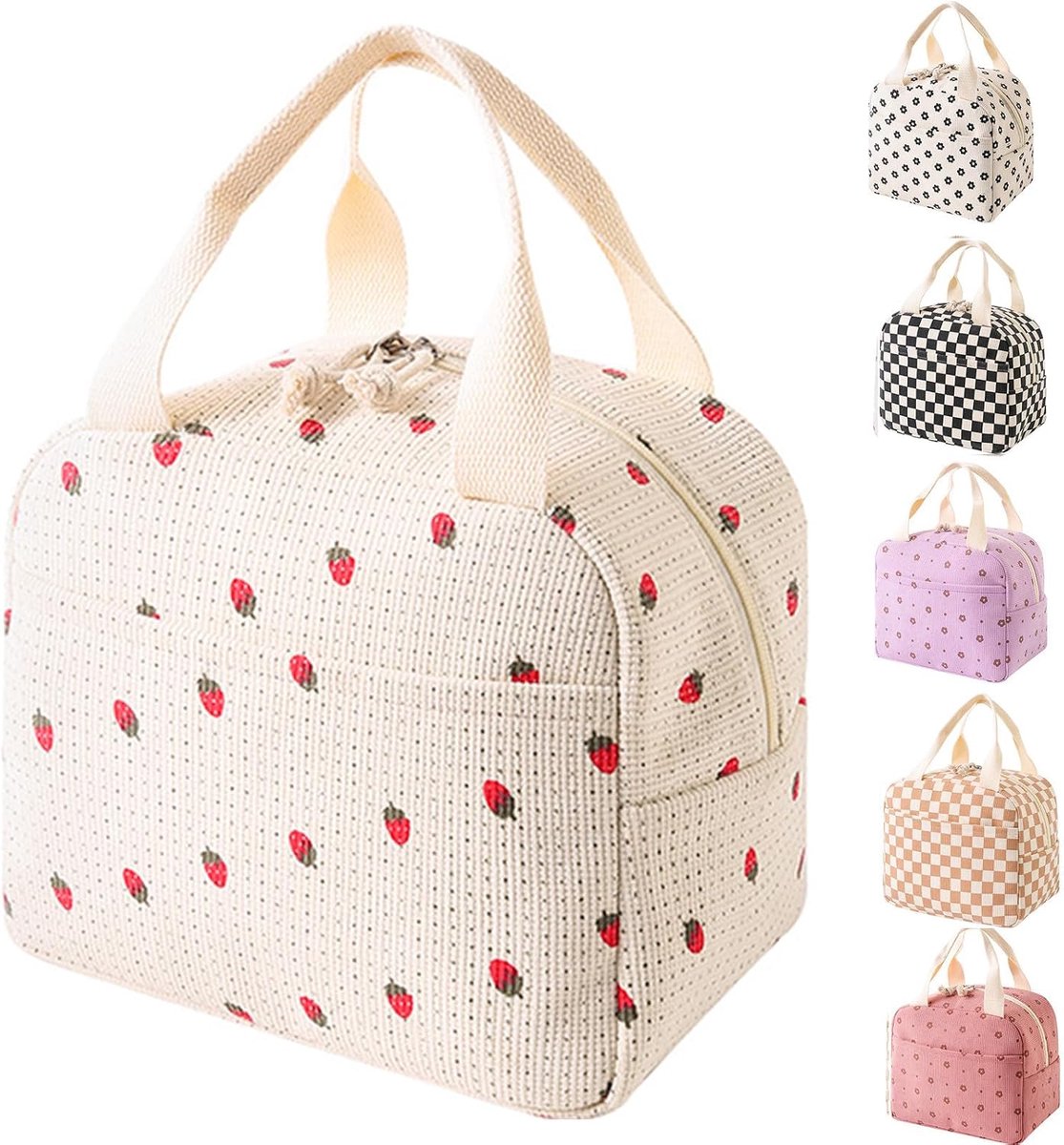 Lunchtas, geïsoleerde boodschappentas voor vrouwen, corduroy geïsoleerde lunchtas, koeltas, lunchorganizer voor volwassenen en kinderen, picknick, werk buiten (Erdbeer druk)