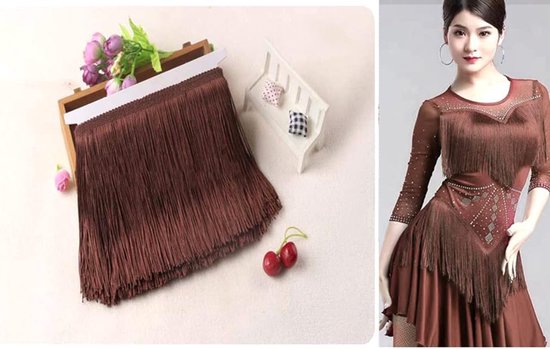 10 cm x 2 m franjerand franjeband decoratief lint dansfranjes zijden kwastjes franjes boorden banden om te naaien, doe-het-zelf knutselen, kleding lingerie kostuums gordijnen decoratie, bruin — afbeelding 3