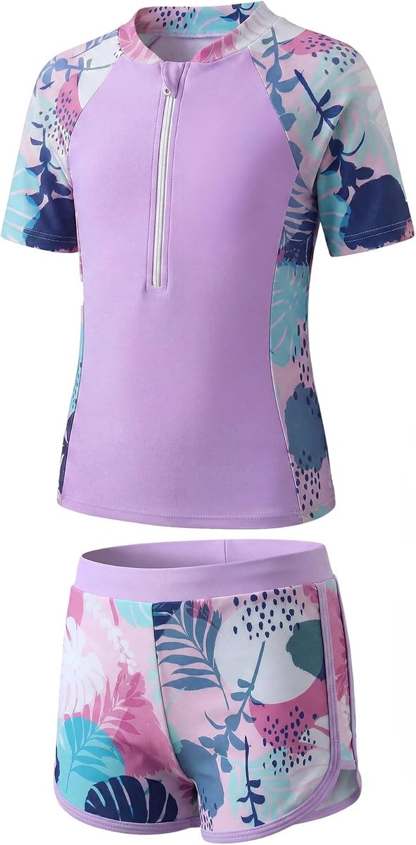 Badpakken voor meisjes: zwempak met korte mouwen en korte broek, tweedelig badpak met bloemenpatroon, sneldrogend, topjes met halve rits + zwembroek, 2-delige set zwemkleding voor 5-14 jaar