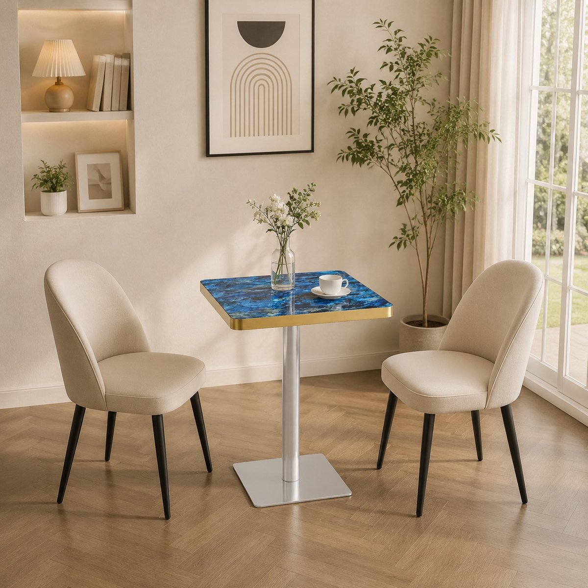 Stilvora Vierkante Eettafel – Marmerlook Tafelblad Met Gouden Rand – Modern Voor Woonkamer Of Bistro – MDF En Metaal – 60x60x74 Cm – Blauw