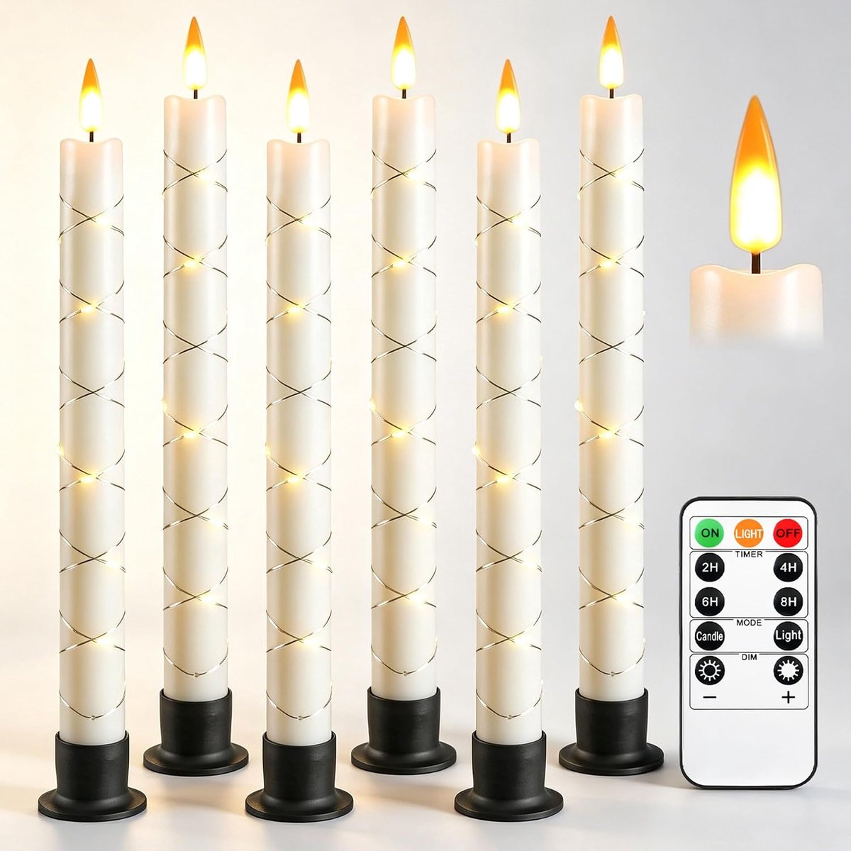 6 stuks vlamloze raamkaars met afstandsbediening en timer, werkt op batterijen met lichtslingers, 9,6 inch kerstkaars met 6 zwarte basis voor woondecoratie