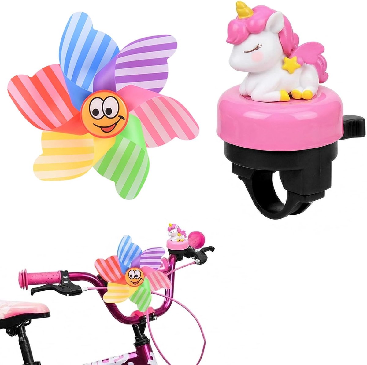 Fietsbel voor kinderen, eenhoorn met windmolen, sterke bel voor scooter, fietsbel voor meisjes en volwassenen, cadeau voor fietsen in de open lucht