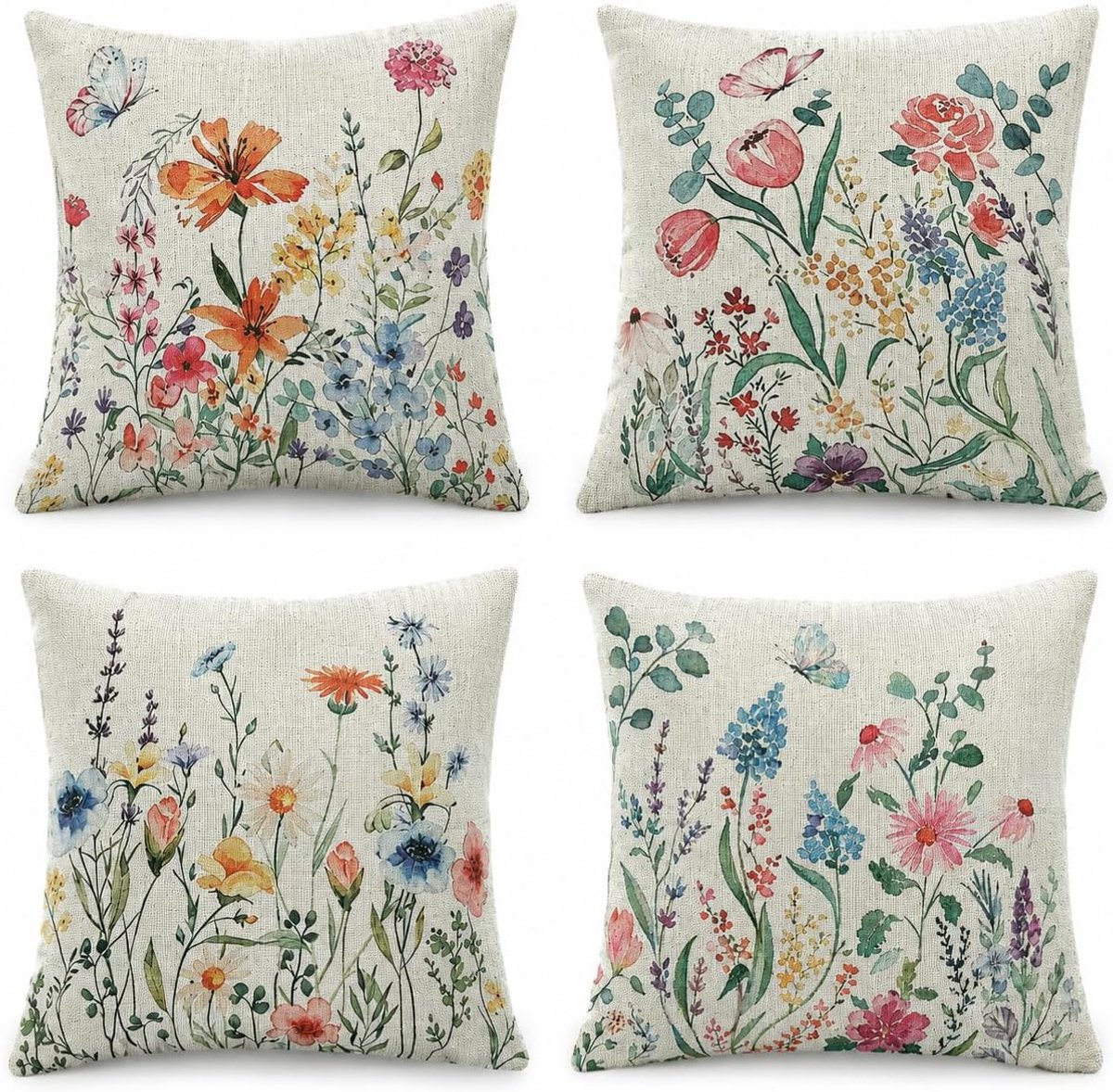 Kussen Decoratieve 4 stuks Kussenhoes Lente 45 x 45 cm Tuinkussen Kleurrijke Bloemen en Vlinders Kussensloop Werden voor Thuis Bank Tuin