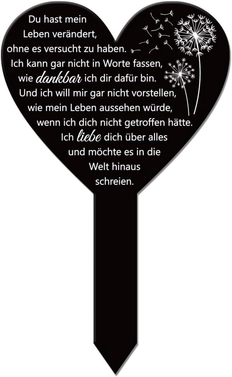 Hartvormige paardenbloem tuinsteker bloemen gedenkbord herdenkingsbord Duitse tekst acryl steker hart zegen "Ich liebe Dich mehr als alles tuinplaquette voor Yard Grave Cemetery