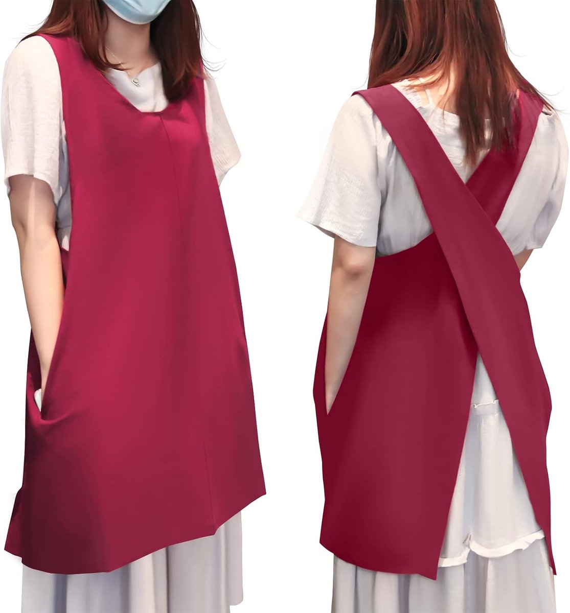 Scheren in Japanse stijl, minimalistisch katoenen linnen schuren met zakken, schuren met X-stevige trugers, ideaal voor koken en grillen, voor tuinieren, ontspannen en nog veel meer, bordeauxrood (wine red), M