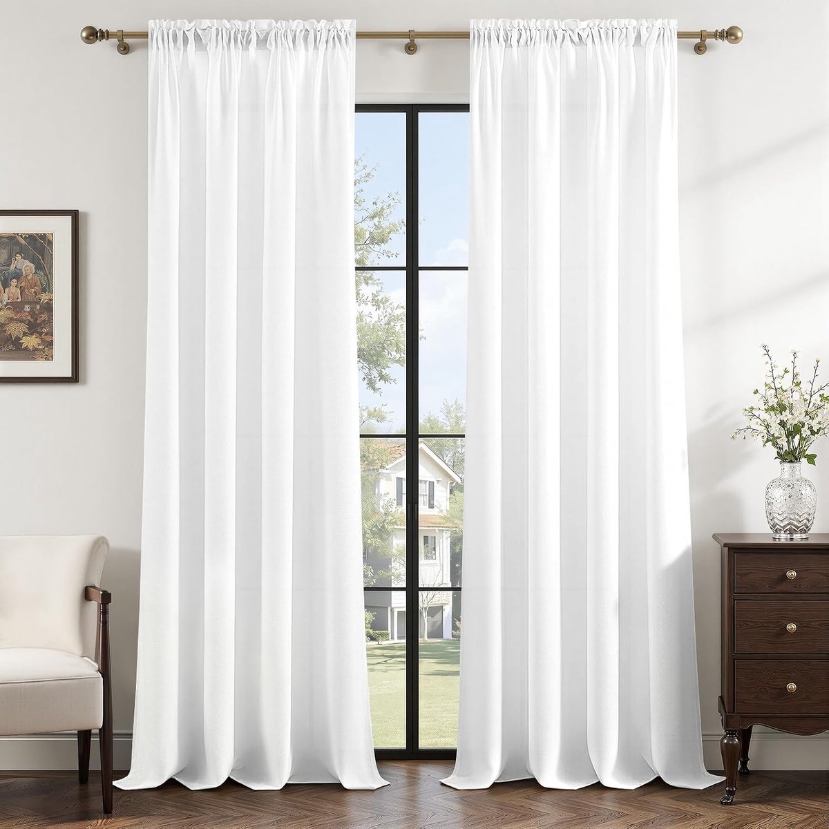 Linnen gordijnen wit met stangdoorgang linnenlook gordijn halftransparant set van 2, 240 cm lang, 140 cm breed, moderne gordijnen voor woonkamer slaapkamer binnendecoratie raam