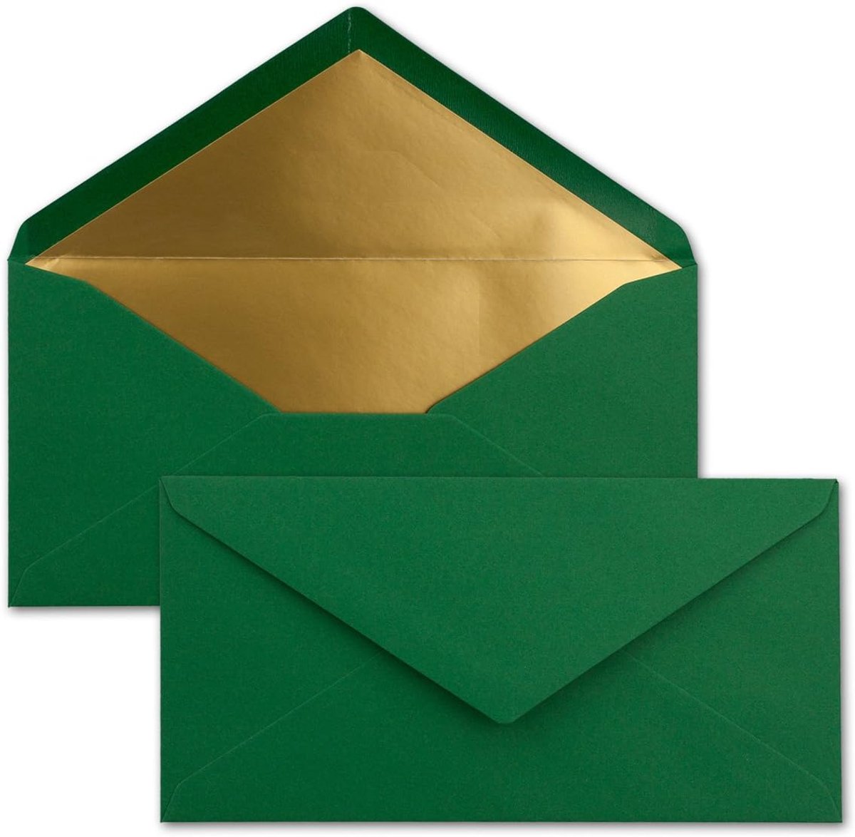 15 enveloppen DIN lang - donkergroen met goud-metallic voering - 110 x 220 mm - nat lijmen - feestelijke enveloppen voor Kerstmis