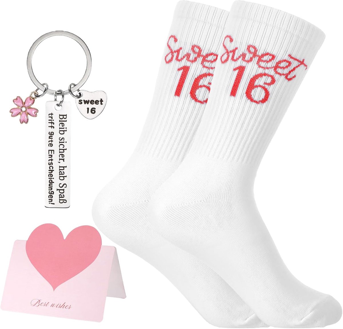 1 paar cadeaus voor meisjes van 16 jaar, Sweet 16e verjaardag meisjes, decoratie, witte katoenen sokken, maat 35-37, met kaart, sleutelhanger en zakje, verjaardagscadeau, sportsokken