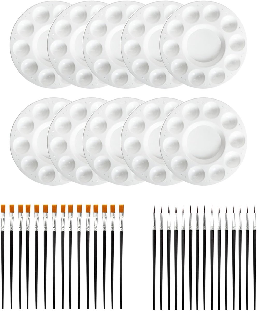 Schilderpaletten met 10 gaten voor acryl- en olieaquarel, herbruikbare kunststof schalen met 30 kwasten van nylon, wit