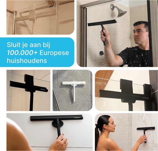 Collage montrant divers raclettes de douche Minismus dans différentes situations et couleurs.