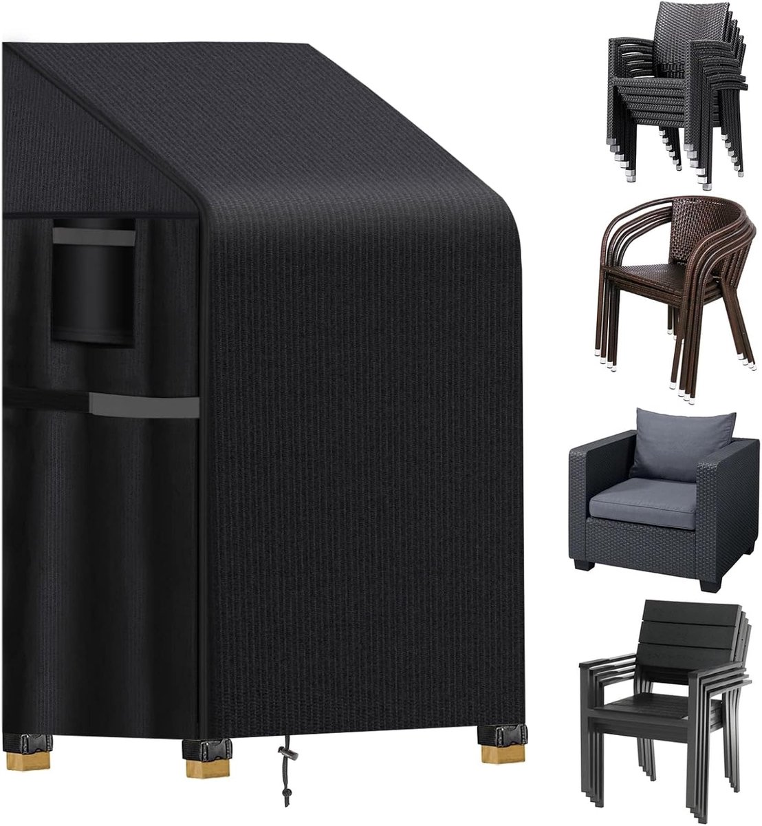 Stapelstoelhoezen voor tuin, 420D Oxford buitenstoelhoezen tot 6 stoelen, waterdicht, winddicht, stapelstoelhoezen geschikt voor kinderstoel, fauteuils (65 x 65 x 80/120 cm)