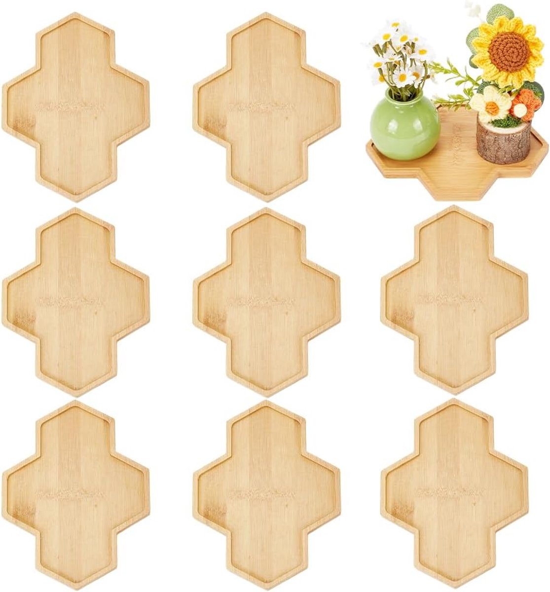 8 stuks bamboe plantenschotel, 7,4 x 5,6 inch succulente pannenlap drainagebak veelhoekige bamboe dienblad badkamerlade voor binnen buitenplanten bloem drinkbeker onderzetter sieraden zeep