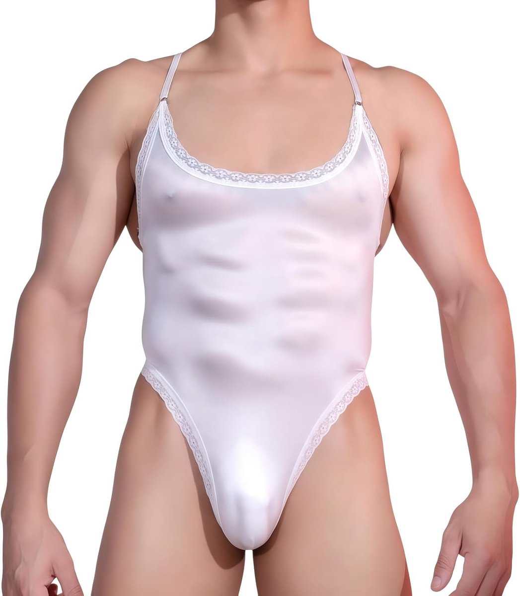Glanzende body voor heren, sexy, verleidelijk, met U-hals, kanten rand, stretch, top, string, ondergoed, slim fit, outfit, brutale nachtkleding, feest- en clubkostuum