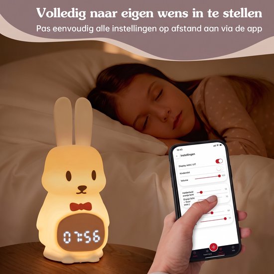 Lopoleis® Slaaptrainer - Slaapwekker Baby - Nachtlamp functie met Wekker - Kinderwekker - Tuxedo Rabbit - Inclusief App van Lopoleis — afbeelding 4