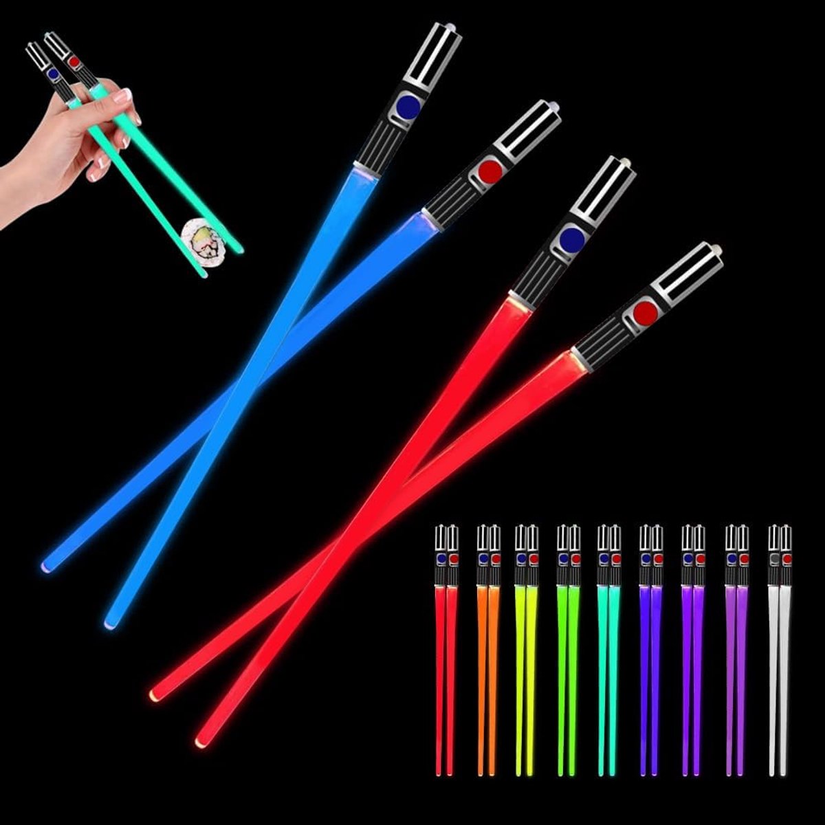 Eetstokjes, lichtzwaard eetstokjes, led-eetstokjes, herbruikbare lichtzwaard, chopstick met 9 kleurmodi, BPA-vrij lichtzwaard, eetstokjes voor thuis, feestjes, sushi (C)