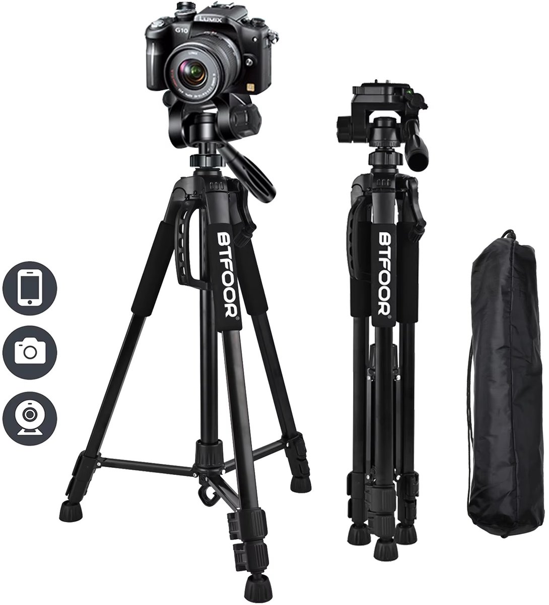 Cherrys Finds - Licht camerastatief - Aluminium - Reisstatief - Met Quick Platen - 55 "140 CM - Zwart