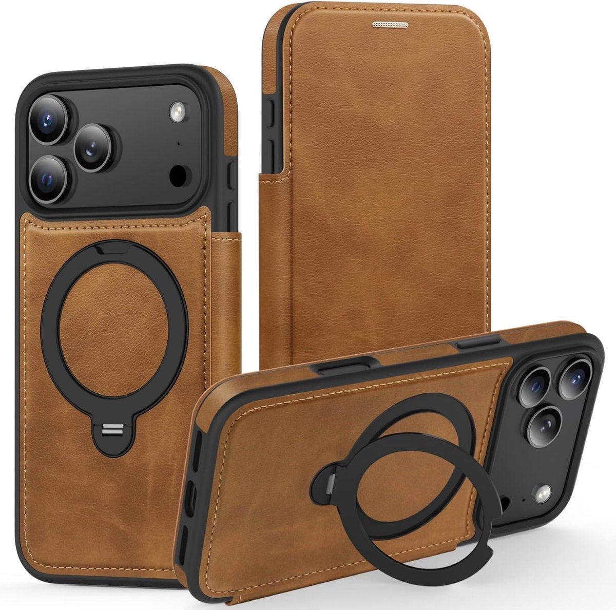 Magneethoesje voor iPhone 17 Pro Max, met 360° draaibare standaard, portemonneehoesje met kaartsleuf en RFID-bescherming, bruin