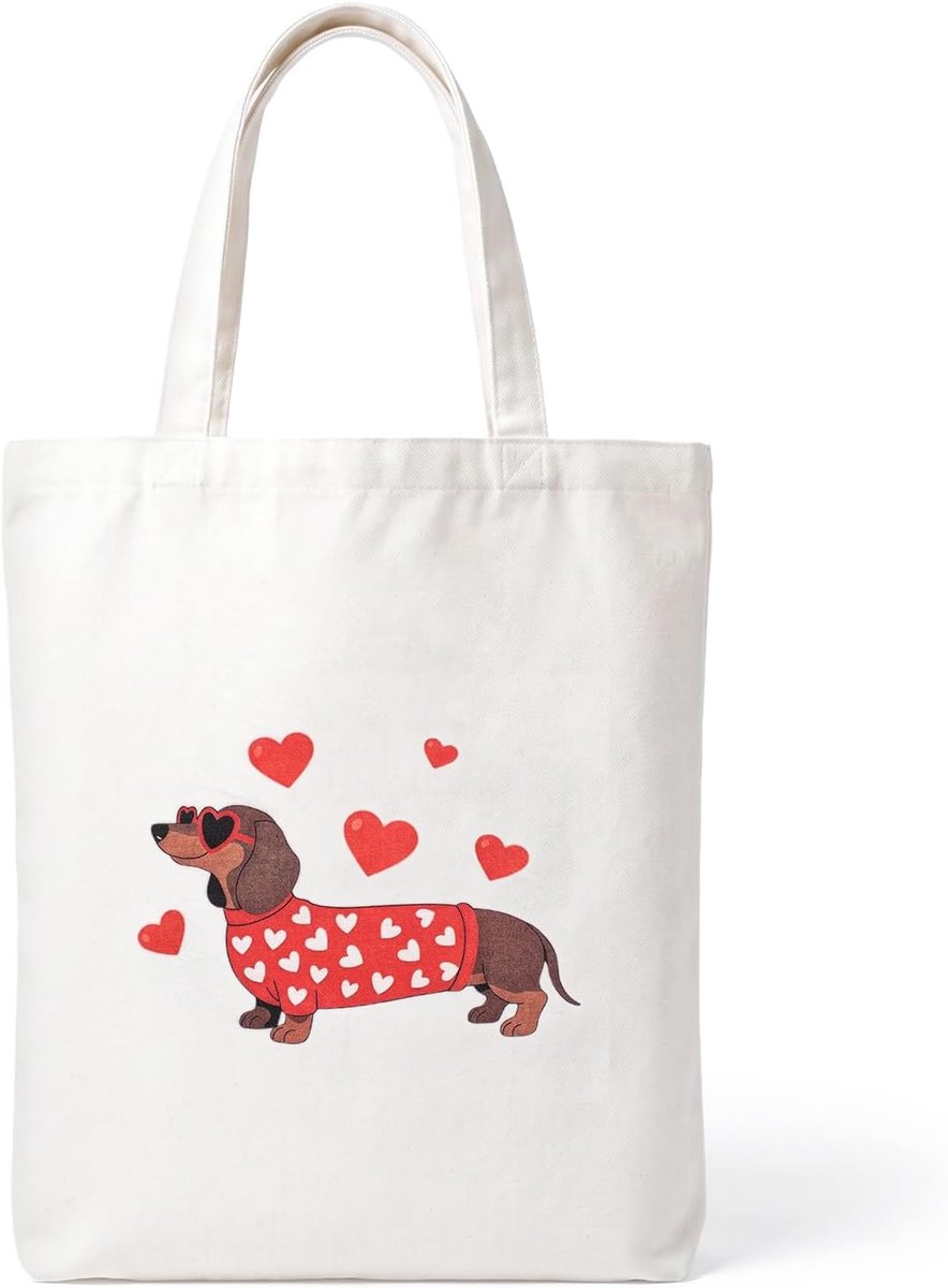Cadeaus jute tas, stoffen tas met grappig teckelpatroon, 35 x 42 cm, boodschappentas met lange hengsels