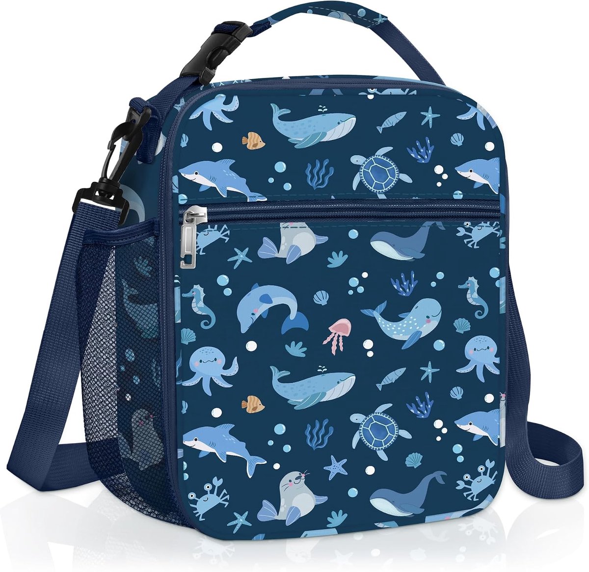 Sea Animals geïsoleerde kinderlunchtas grote thermische koeltas voor jongens picknick school peuter lunchbox draagtas, blauw