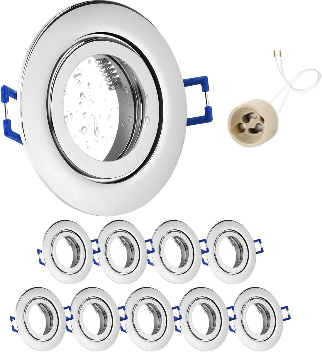 10 x Led-inbouwspot IP44 inclusief GU10 houder, draaibaar LED-spot, ijzer, geborsteld Chroom, badkamer inbouwrames, rond vlak, inbouwspots, gatmaat 68 mm voor buiten - binnengebieden