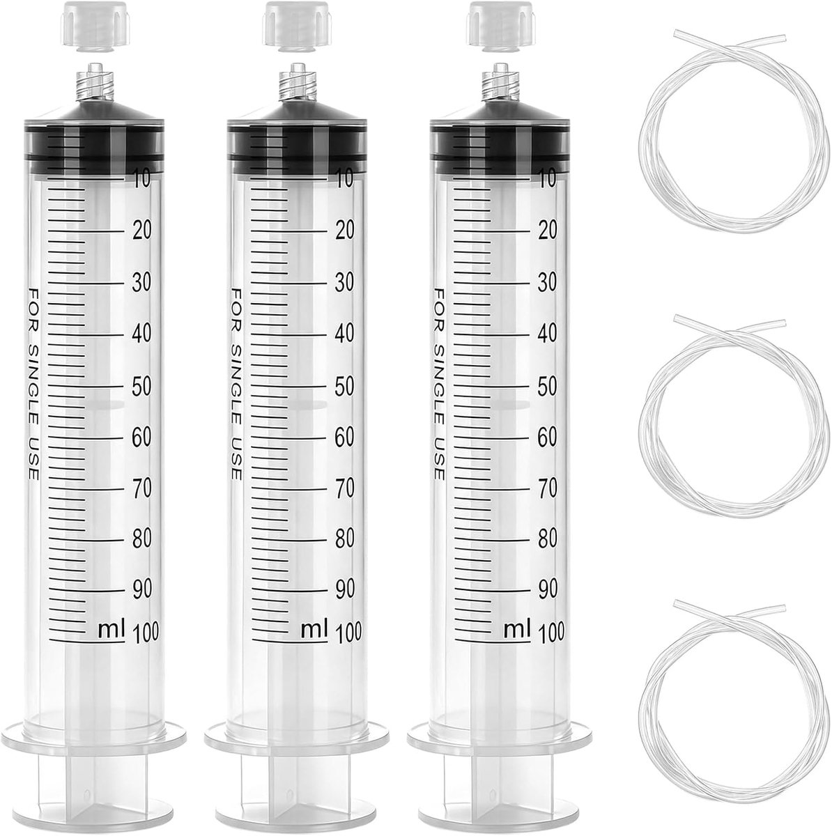 60 ml spuit met slang, plastic spuit met dop, Luer Lock plastic spuit, grote capaciteit, herbruikbaar, afzonderlijk verzegelde spuiten voor laboratorium, industrie, huisdiervoeding (100 ml)