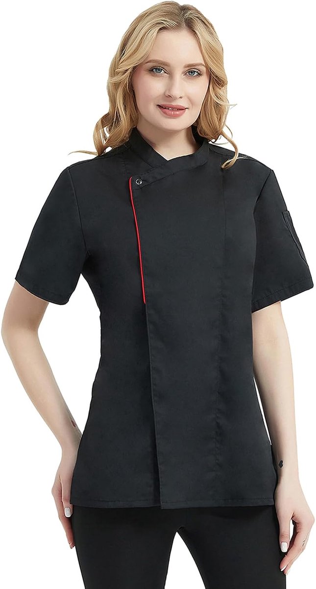 Dames Koksbuis Korte Mouw Chefjas Horeca Werkkleding | Dames XS-3XL, mandarijnkraag, mouwzak, drukknoopsluiting, contrasterende bies, horeca uniform