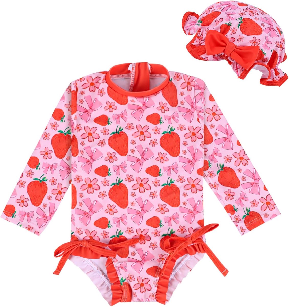 Meisjeszwempak met zonnehoedje, rashguard met lange mouwen en aardbeienstrikje Zwempak voor baby’s en peuters van 3 maanden tot 2 jaar