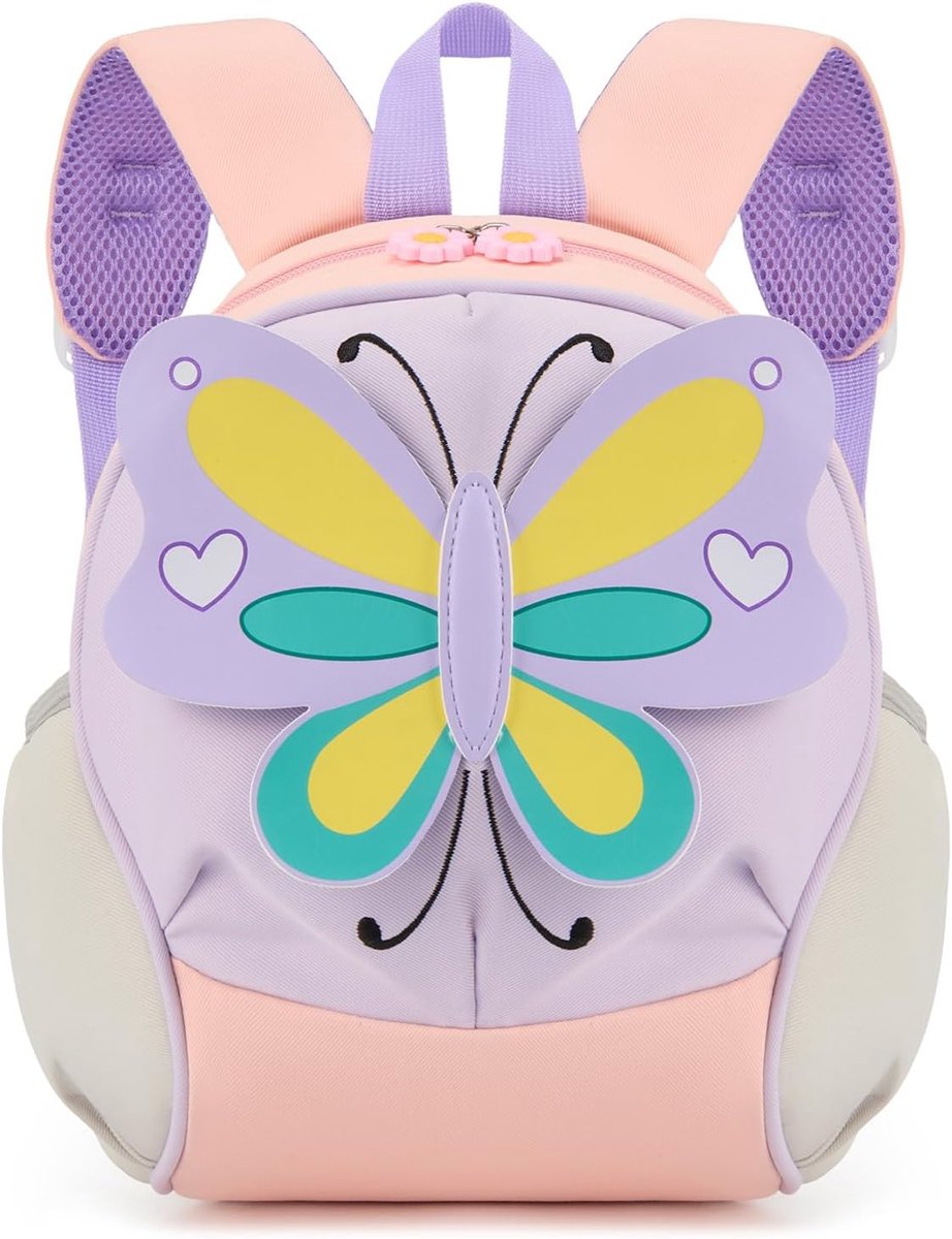 Kleuterschoolrugzak voor meisjes en jongens, met borstriem, kinderrugzak, waterafstotend en licht, met 3D-insectendesign, compact voor 1-3 jaar, 6 l, lila, Rugzak