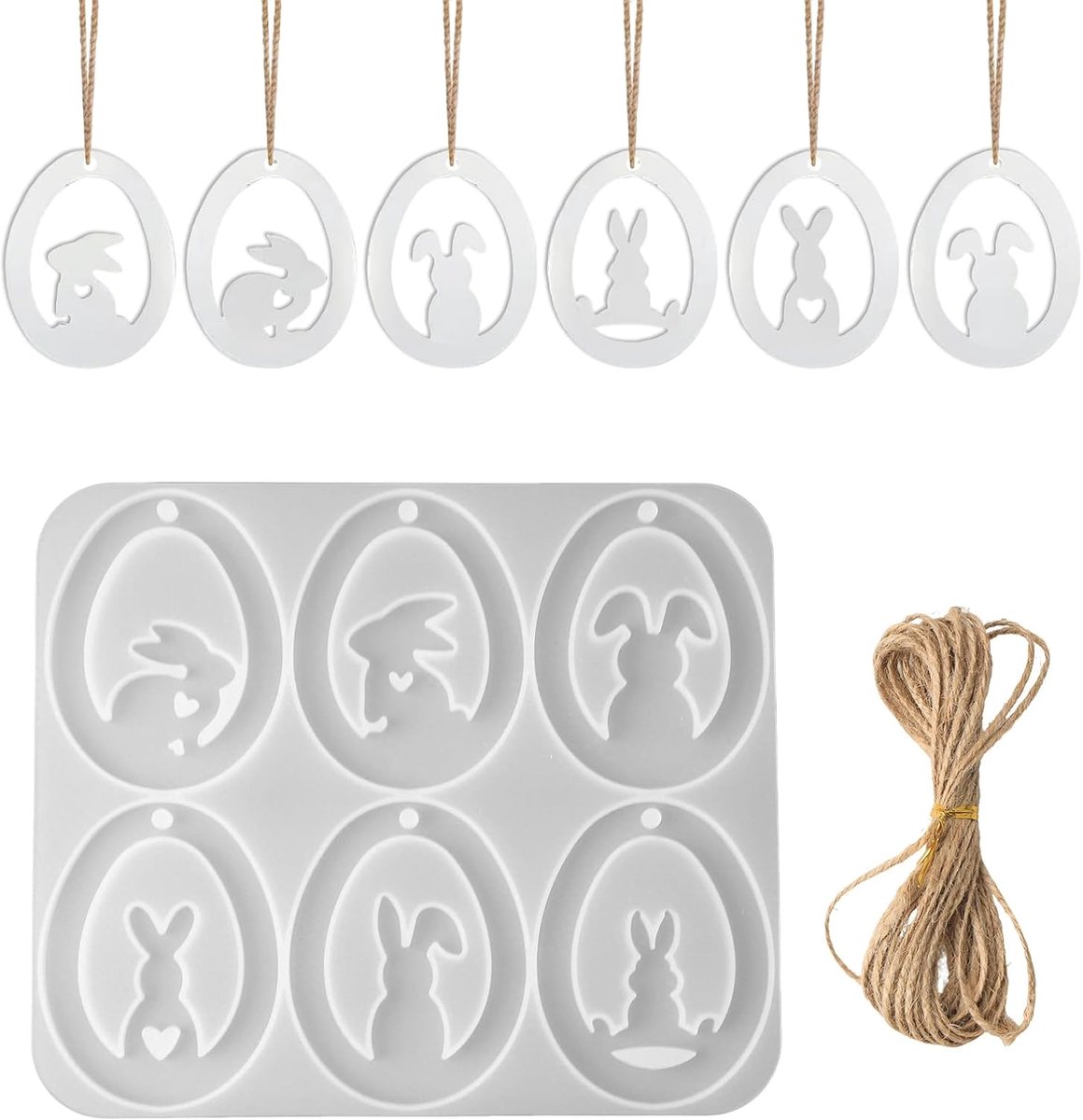 Siliconen vorm 6 stuks haas paasei hanger | 6 siliconen vormen voor paashaas en paaseieren, inclusief band, vormvaste siliconen, voor hars, gips en was