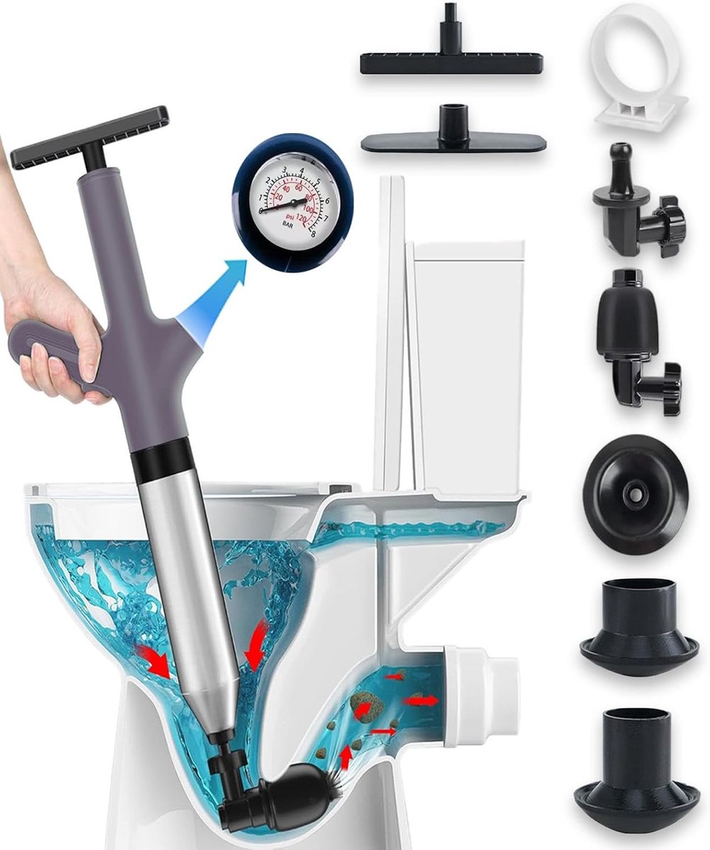 Afvoerreiniger, pomp met luchtcompressie en luchtdrukweergave, perslucht buisreinigingsset met 4 zuignappen voor wastafel, toilet, badkamer, douche, keuken (grijs)