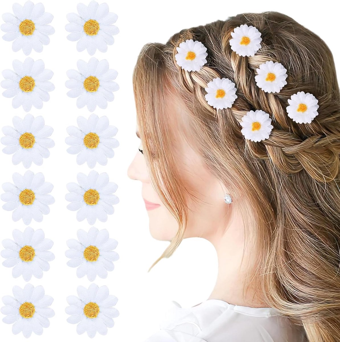 Haarspelden met bloemen, 4 cm, witte madeliefjes, bloemenhaarspelden, vintage zonnebloemen met krokodillenhaarspelden, geschikt voor dames, haaraccessoires voor bruiloftsbruiden, 12 stuks