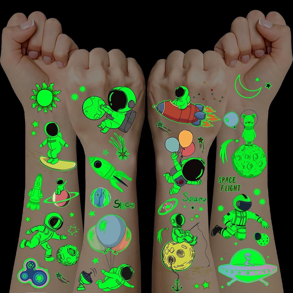 Kindertatoeages, 12 vellen lichtgevende tatoeages, heelal, kindercadeaus voor jongens van 3, 4, 5, 6, 7, 8, 9, 10 jaar, kindertatoeages, huidvriendelijk, geschikt voor de ruimte, cadeautje