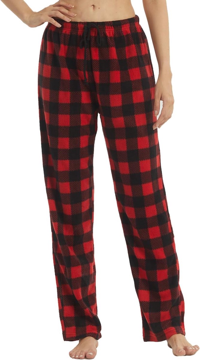 1-2 stuks pyjamabroek voor dames, loungebroek, zachte lange fleece geruite pyjamabroek, vrijetijdsbroek, kerstpyjama met trekkoord