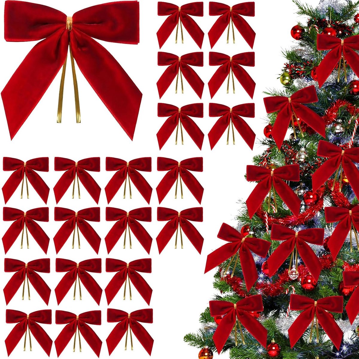 Strikken, kerstdecoratie, rode fluwelen strikken, kerstboomversiering met twist, kerstkrans, cadeaudecoratie, kerstfeest, rood