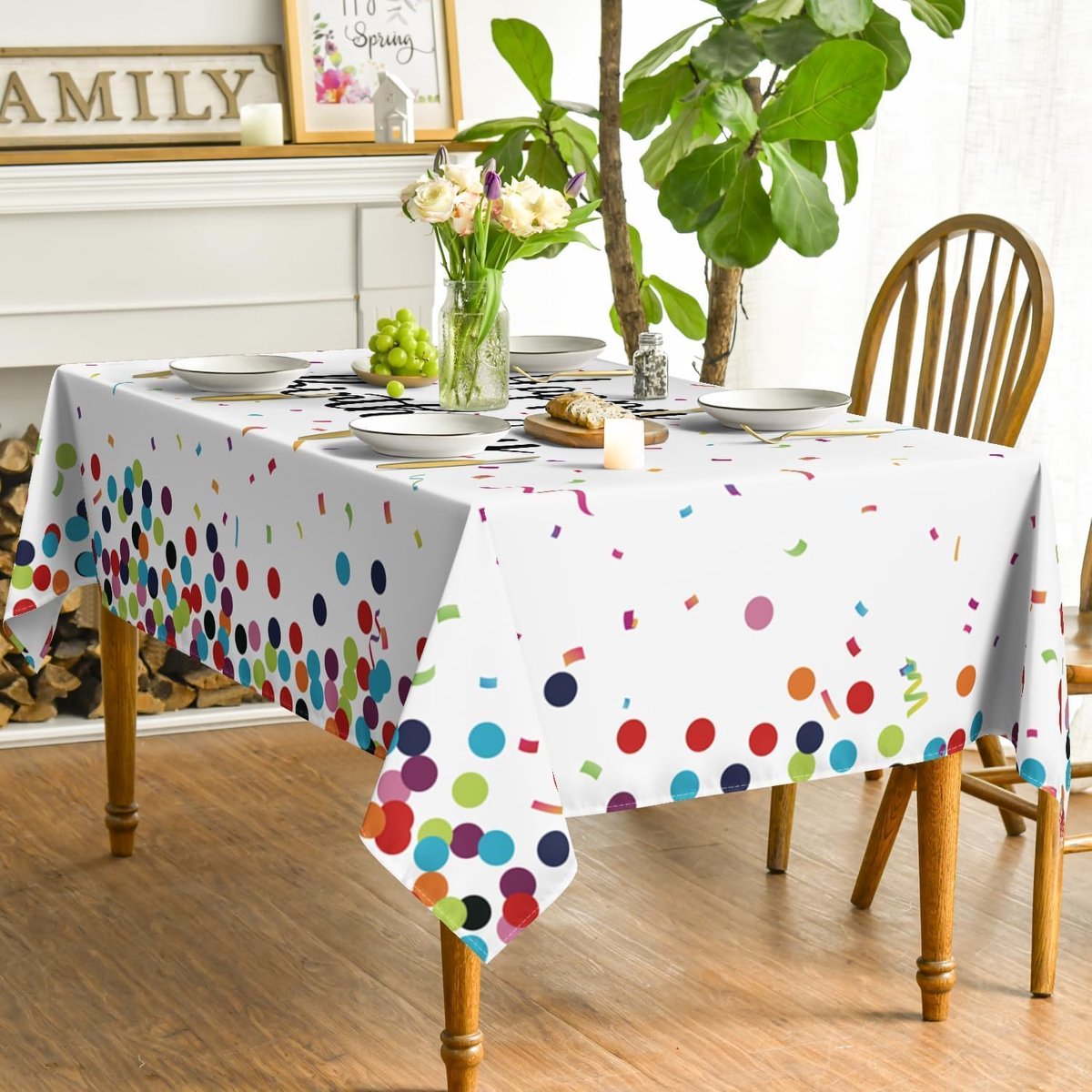 Mode Tafelkleed met stippen, Happy Birthday, 140 x 220 cm, seizoensgebonden vlekbescherming, tafellinnen, keukendecoratie, feestdecoratie