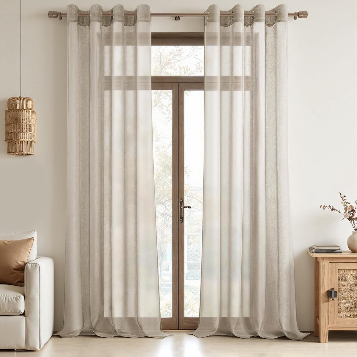 Gordijn, 2 stuks, beige, 140 x 230 cm, met ogen, halftransparant, linneneffect, interieurdecoratie, voor ramen, woonkamer, slaapkamer, keuken, balkon, bessen, licht, romantisch