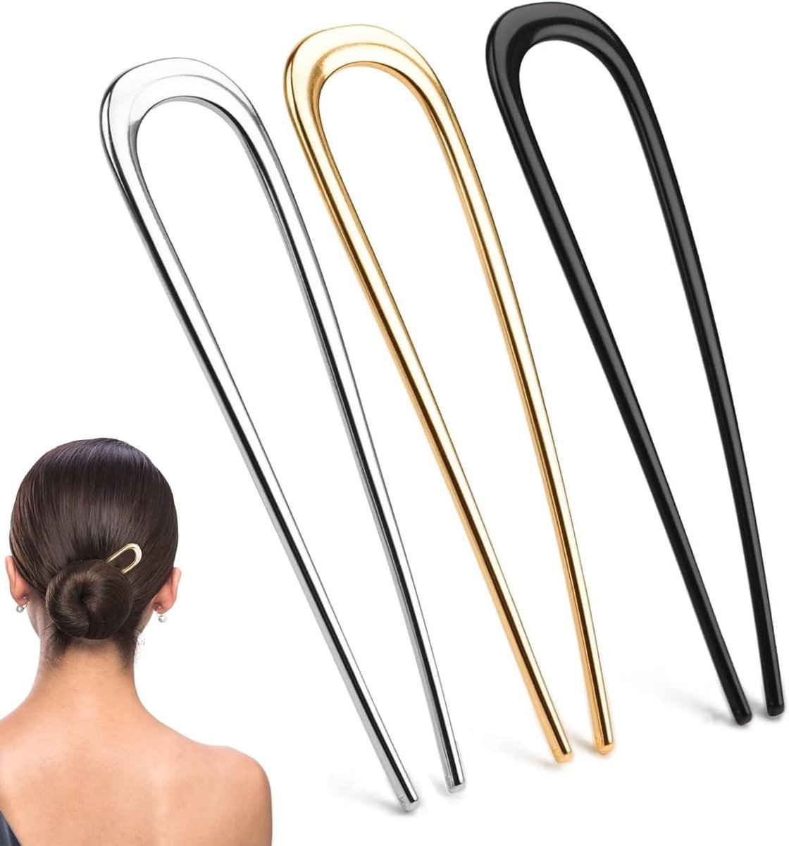 3 stuks Franse haarspeld, metalen haarvork, Franse twist haarspeld, U-vormige haarspelds voor dames en meisjes, alle kapsels, decoratieve accessoires (goud, zilver, zwart)