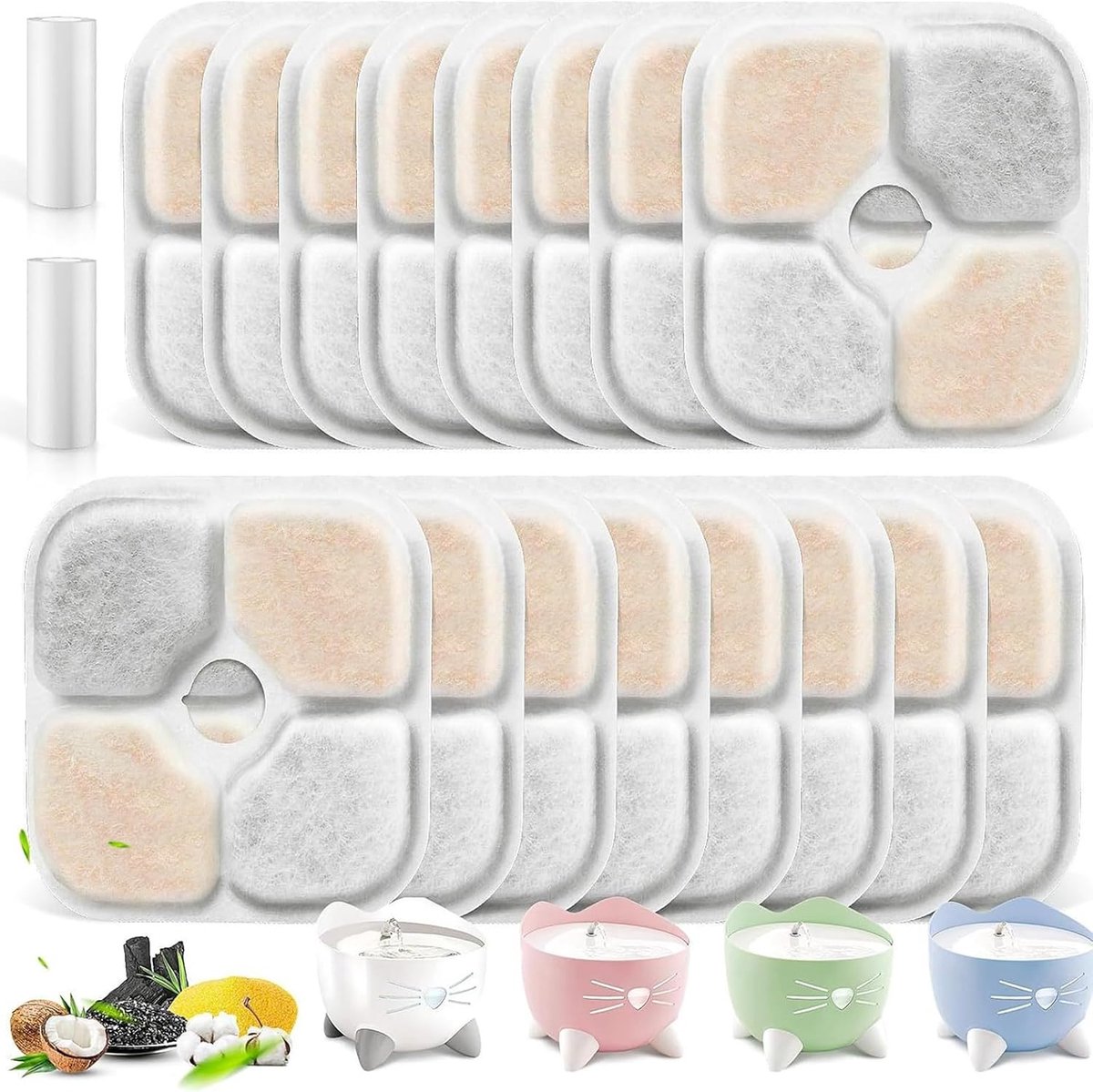 Set met 16 fonteinfilters voor huisdieren + 2 flexibele slangen (in doos) – drievoudig filtersysteem met hars en actieve kool, compatibel met waterfonteinen voor Cha