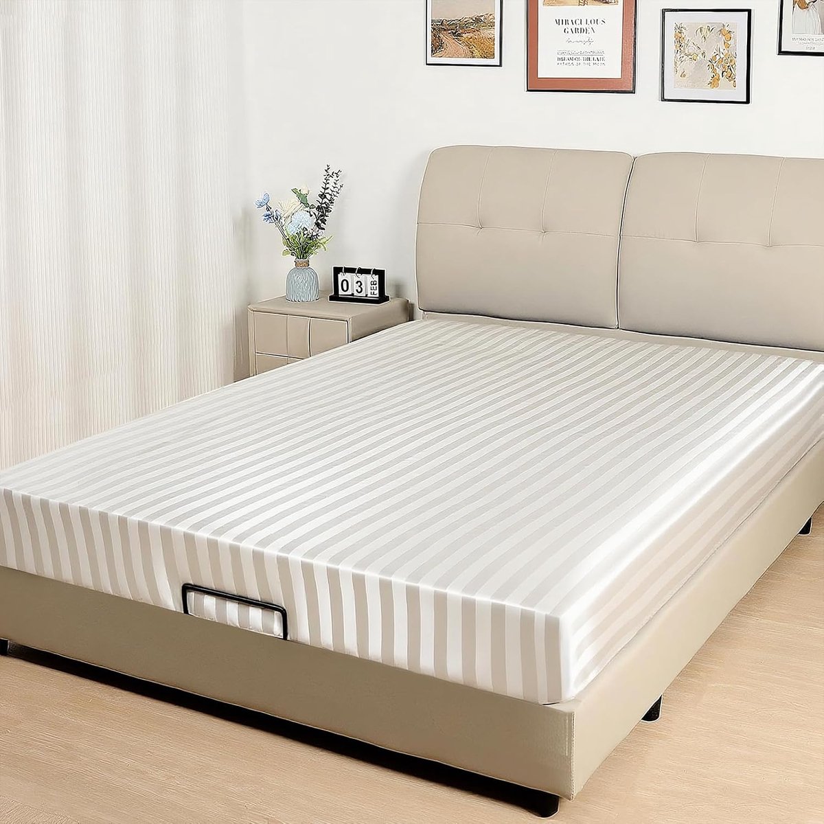 Satin Hoeslaken, Zijdezacht Polyester Satijn Weefsel, 36 cm Diepe Zakken met Elastieke Hoekbanden, 100 x 190 x 36 cm, Wit Strepen