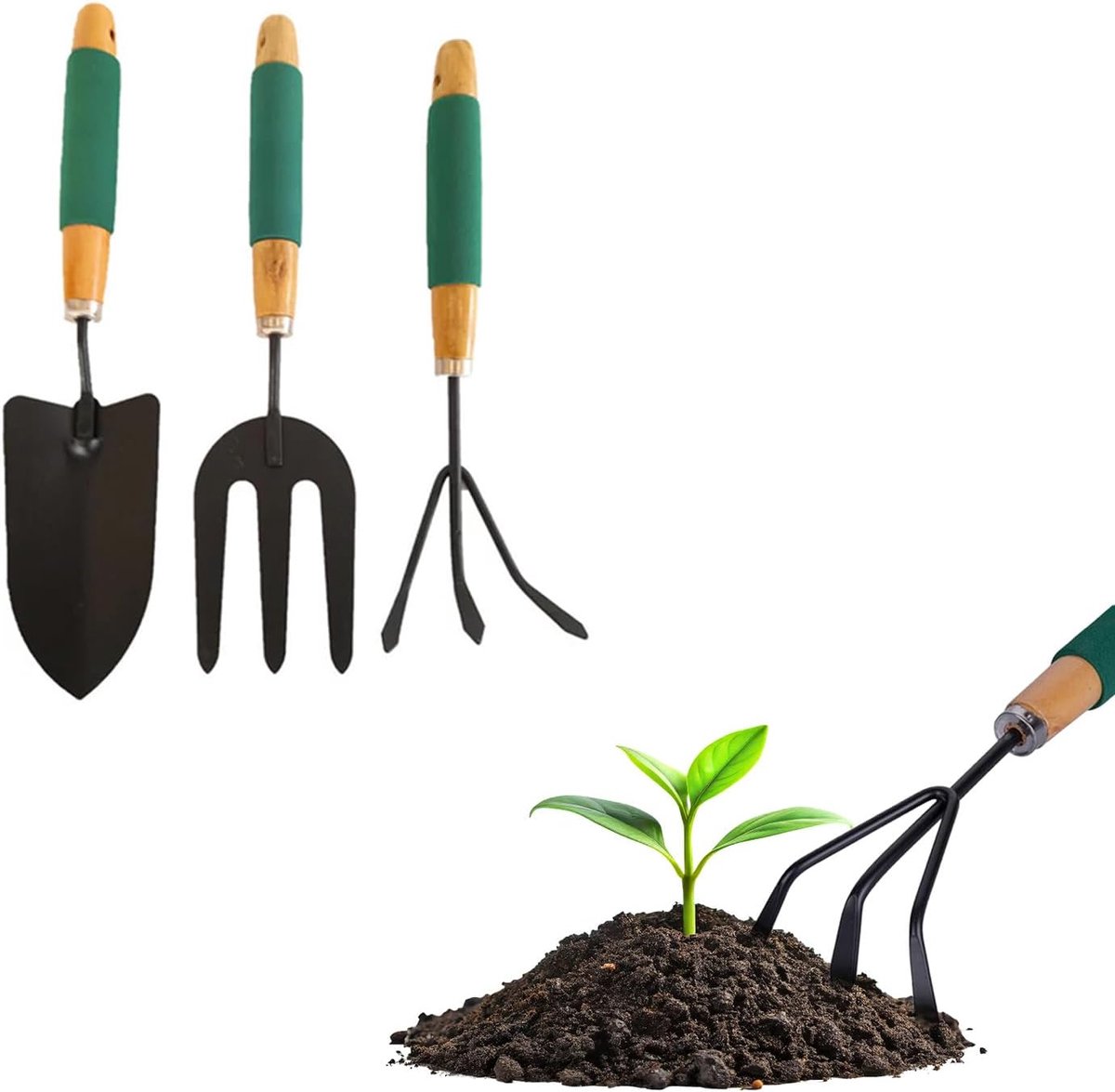 Set van 3 tuingereedschap met hark voor het verzamelen van bladeren, een vork voor het verplanten van bloemen en zwaarden voor het graven van de grond, van robuuste materialen en ergonomische