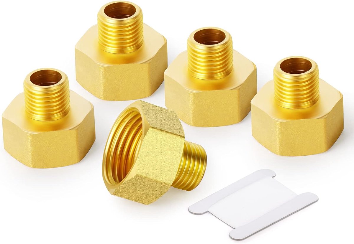 5 Stuks Messing Pijp Reducer Adapter Fittins, 1/2 "BSP Vrouwelijk naar 3/8" BSP Mannelijke Connector | Verloopaansluiting messing, binnendraad naar mannelijk BSP, waterdichte band inbegrepen, voor water, lucht, gas