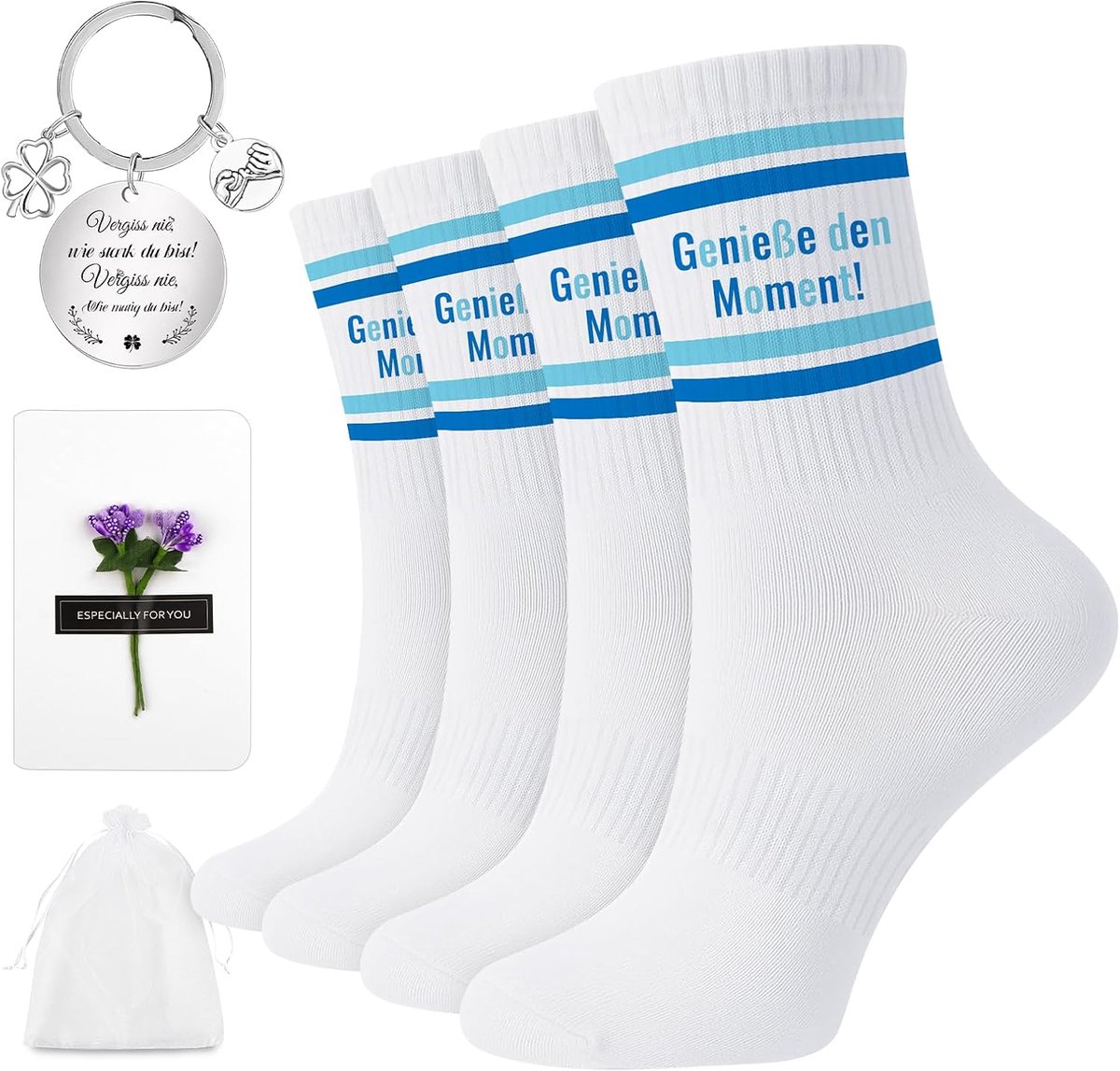 Sokken set, geluksbrenger, examencadeau, grappige sokken, oudejaarsavond, met sleutelhanger met vierbladige sleutelhanger, ansichtkaart, organzazakje
