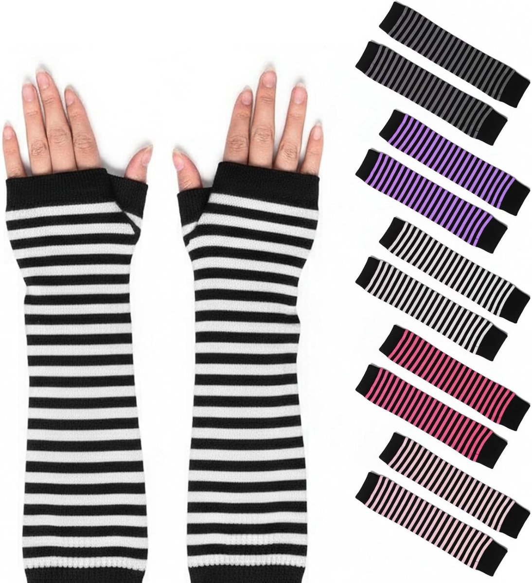5 paar vingerloze handschoenen voor pols met duimgat, gestreepte gebreide armwarmers voor vrouwen, lange mouwen wanten voor herfst en winter